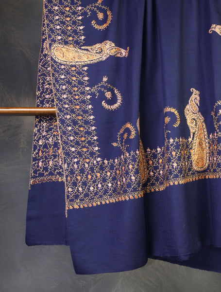 Navy Blue Base Big Border Embroidery Merino Shawl