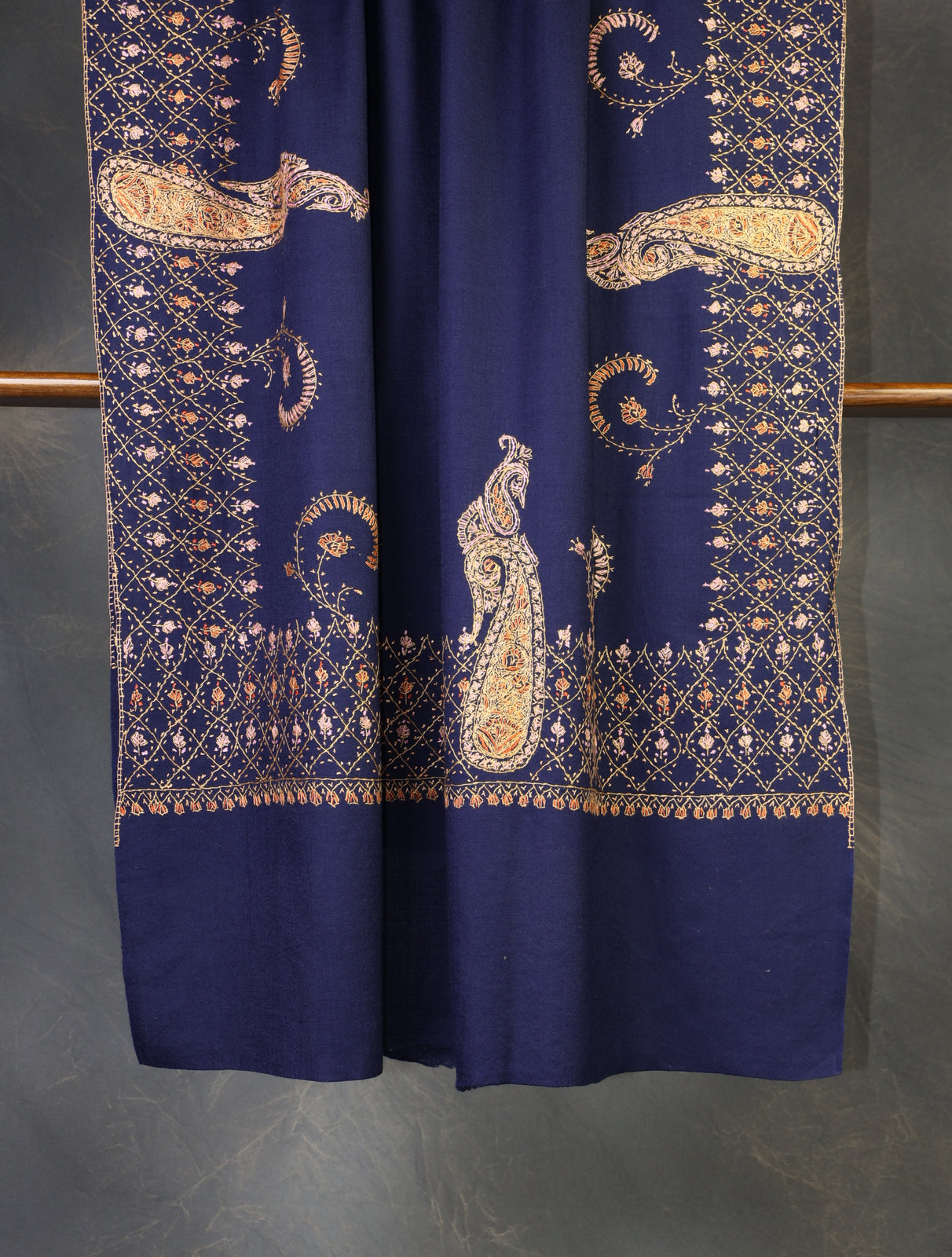 Navy Blue Base Big Border Embroidery Merino Shawl