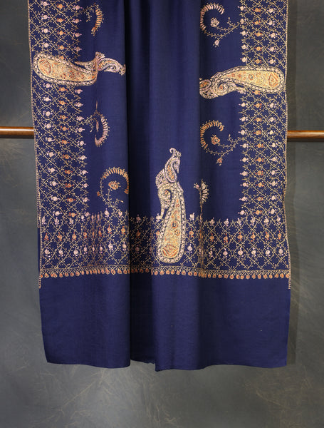 Navy Blue Base Big Border Embroidery Merino Shawl