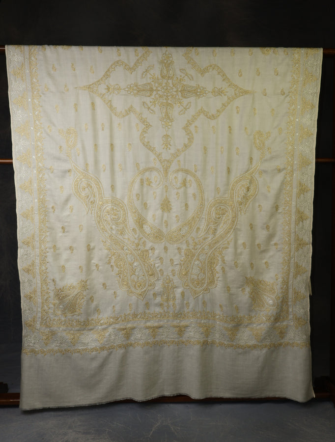 3 Yard Ivory Base With Silver And Golden Tilla Embroidery Pashmina Shawl