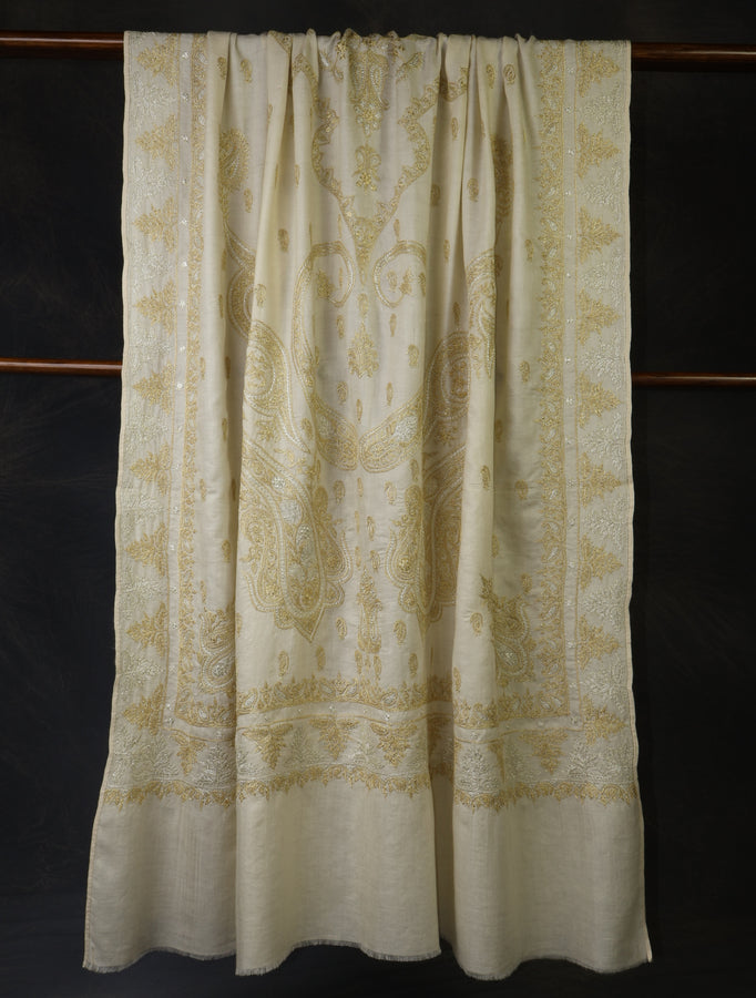 3 Yard Ivory Base With Silver And Golden Tilla Embroidery Pashmina Shawl