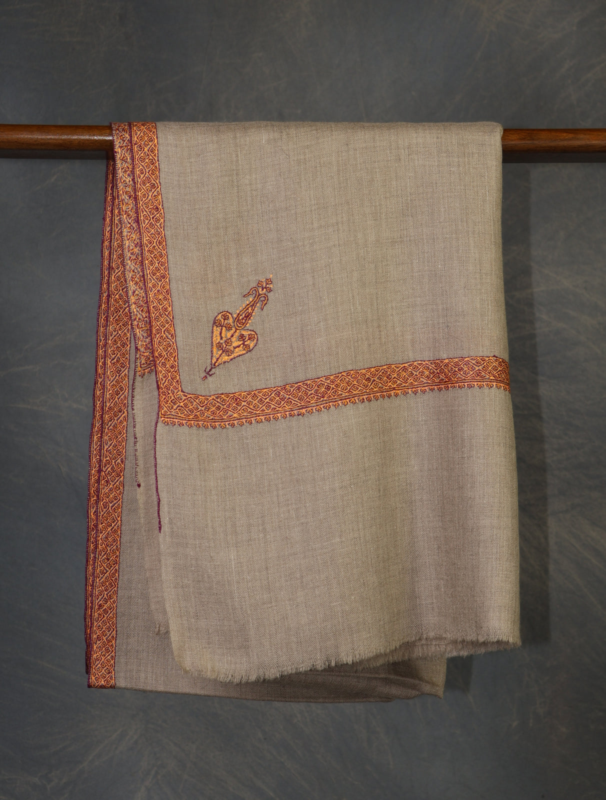 Natural Base Orange Border Embroidery Cashmere Pashmina Shawl