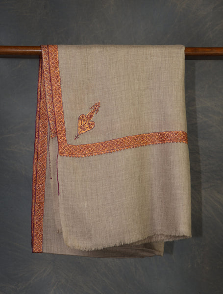 Natural Base Orange Border Embroidery Cashmere Pashmina Shawl