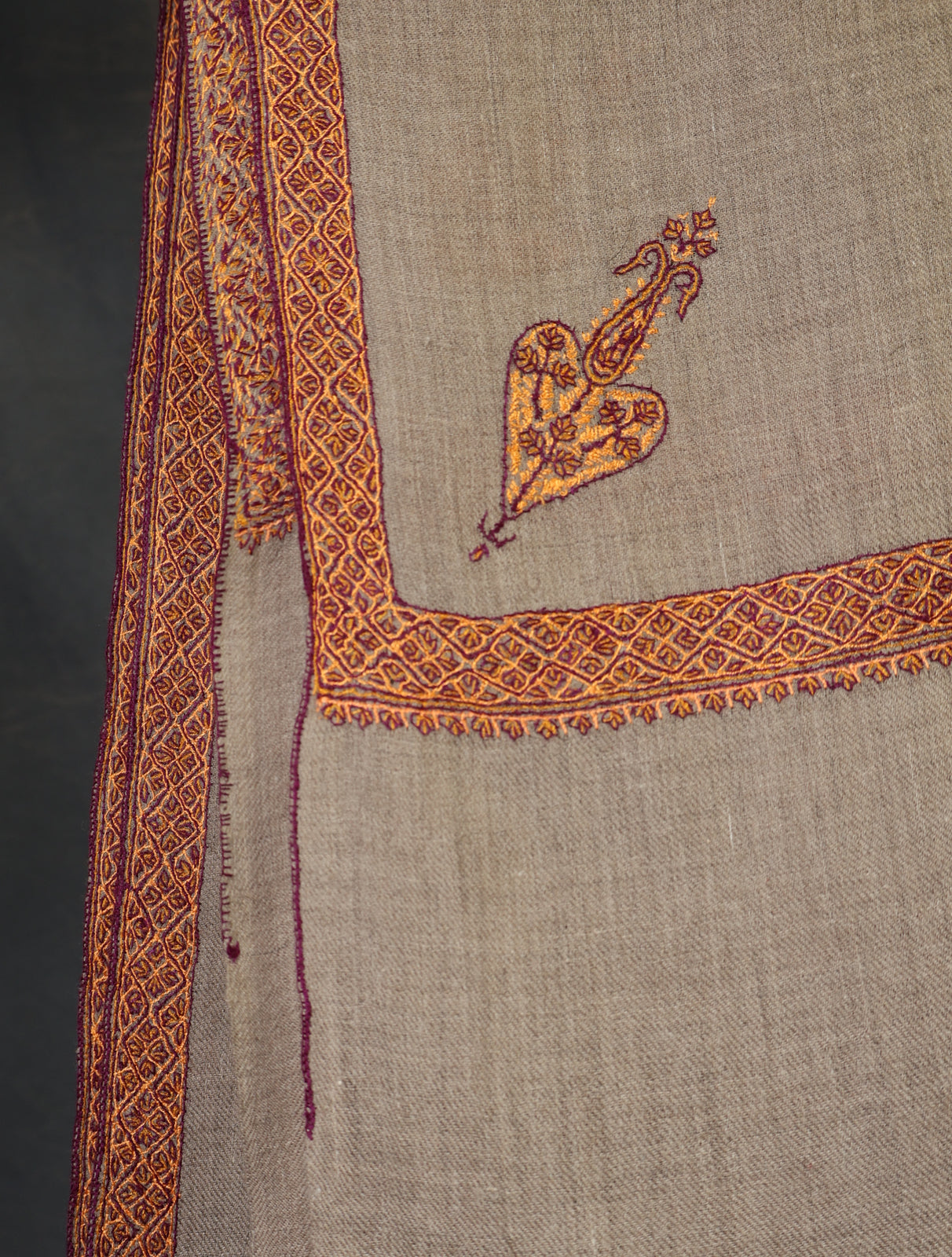 Natural Base Orange Border Embroidery Cashmere Pashmina Shawl