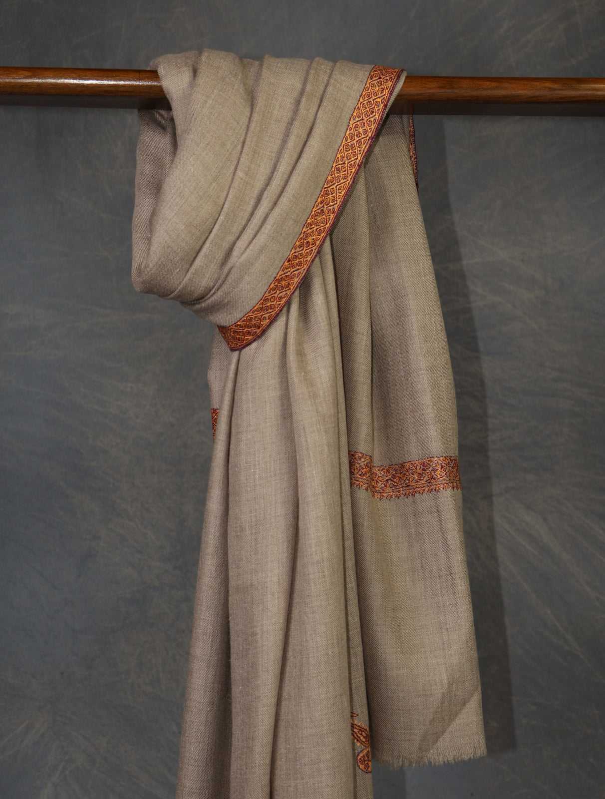 Natural Base Orange Border Embroidery Cashmere Pashmina Shawl