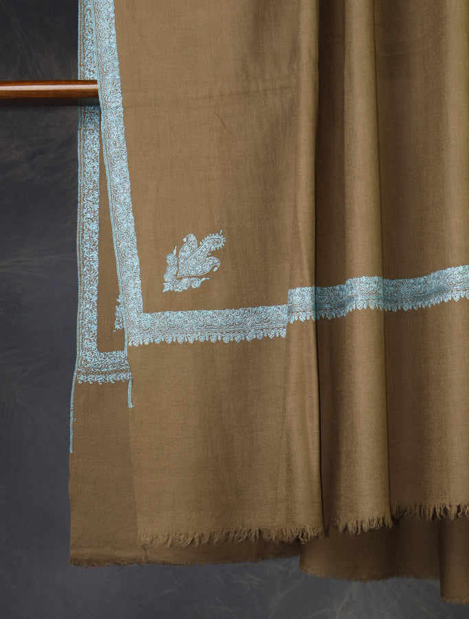 Natural Base Blue Big Border Embroidery Cashmere Pashmina Shawl