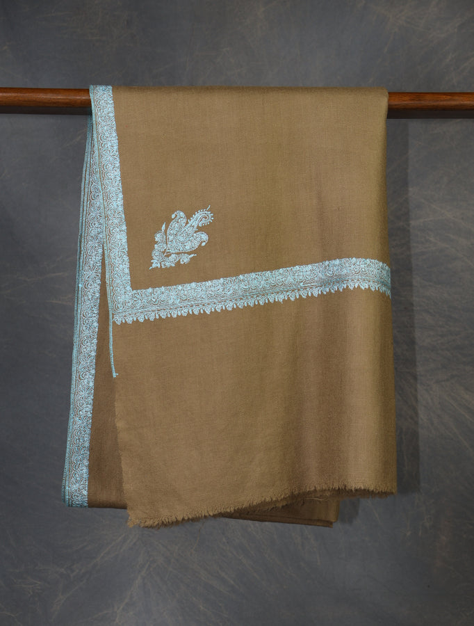 Natural Base Blue Big Border Embroidery Cashmere Pashmina Shawl