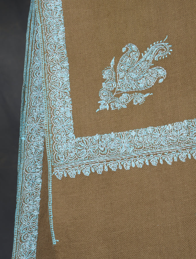 Natural Base Blue Big Border Embroidery Cashmere Pashmina Shawl