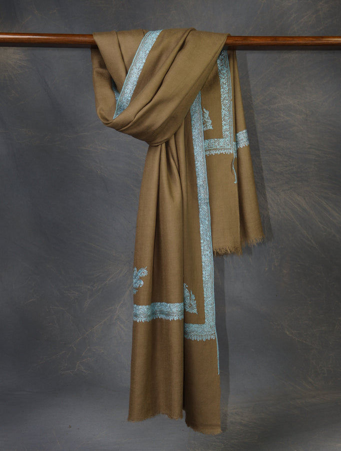 Natural Base Blue Big Border Embroidery Cashmere Pashmina Shawl