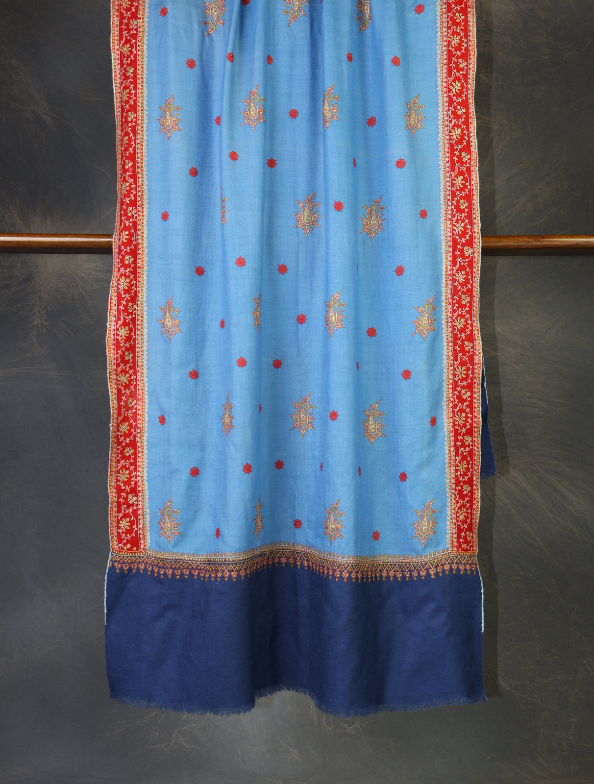 Blue Base With Red Border Embroidery Cashmere Pashmina Scarf