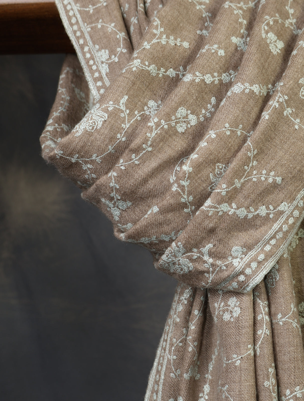 Natural Base With Jali Embroidery Pashmina Cashmere Scarf