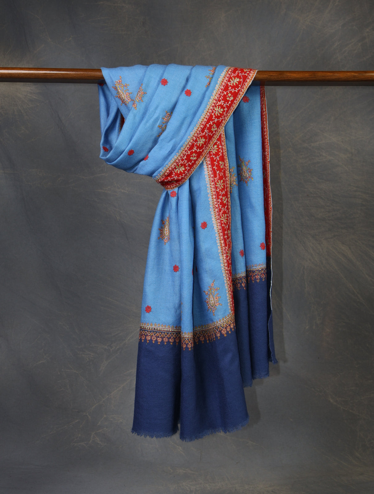 Blue Base With Red Border Embroidery Cashmere Pashmina Scarf