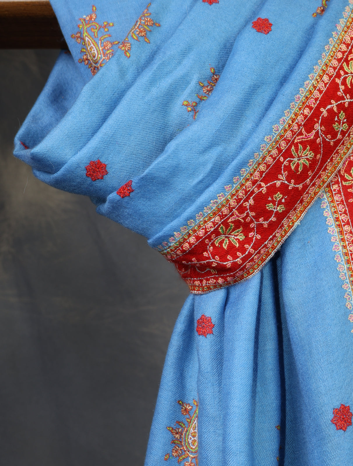 Blue Base With Red Border Embroidery Cashmere Pashmina Scarf