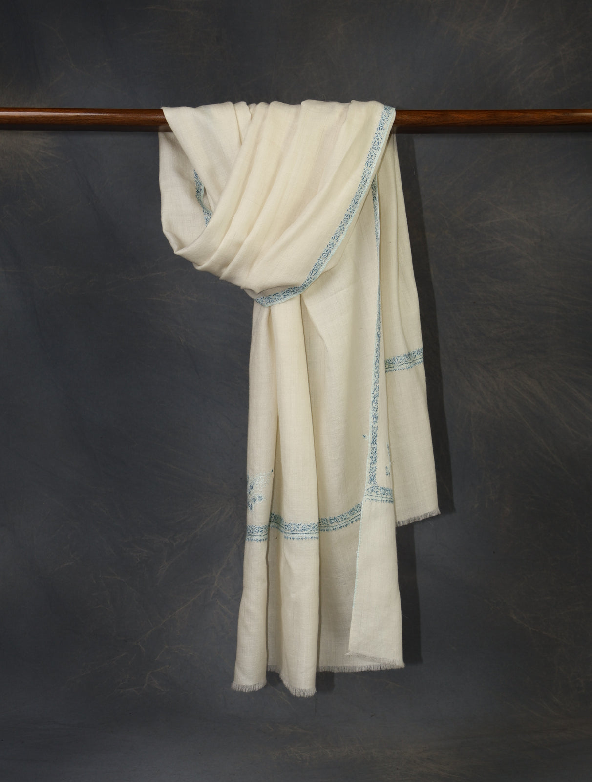 Ivory With Blue Border Embroidery Cashmere Pashmina Scarf