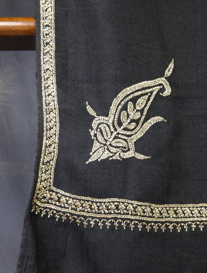 3 yard Black  Base With Tilla Embroidery Pashmina Shawl