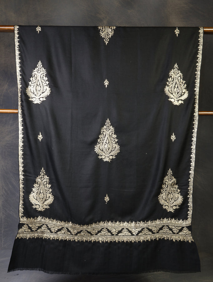Black Base With Tilla Buteh Embroidery Pashmina Shawl