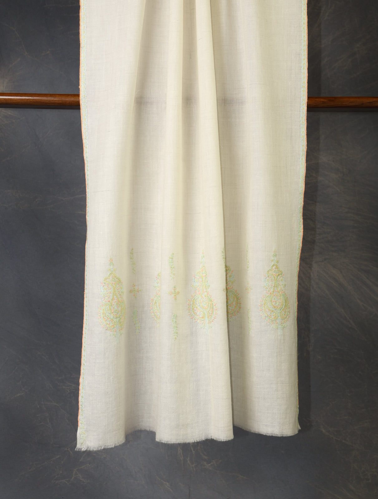 Ivory With Green Big Buteh Border Embroidery Cashmere Pashmina Scarf