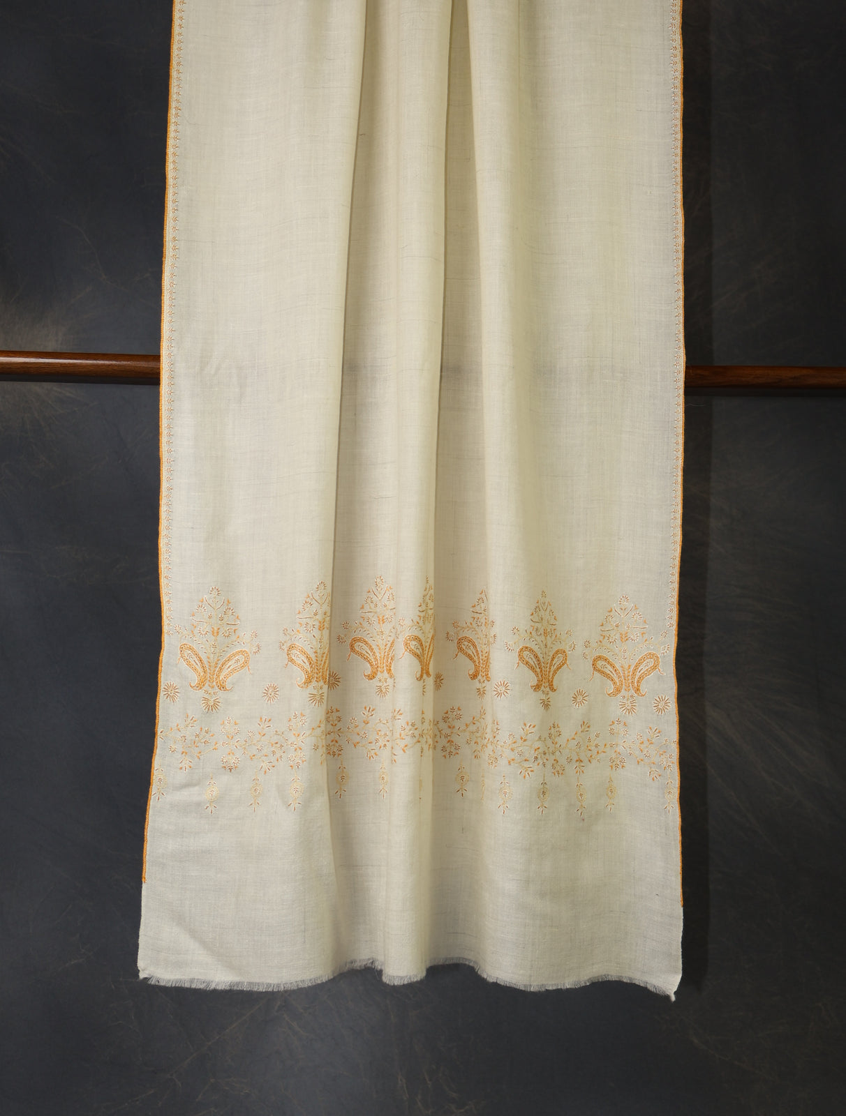 Ivory With Orange Big Buteh Motif Border Embroidery Cashmere Pashmina Scarf