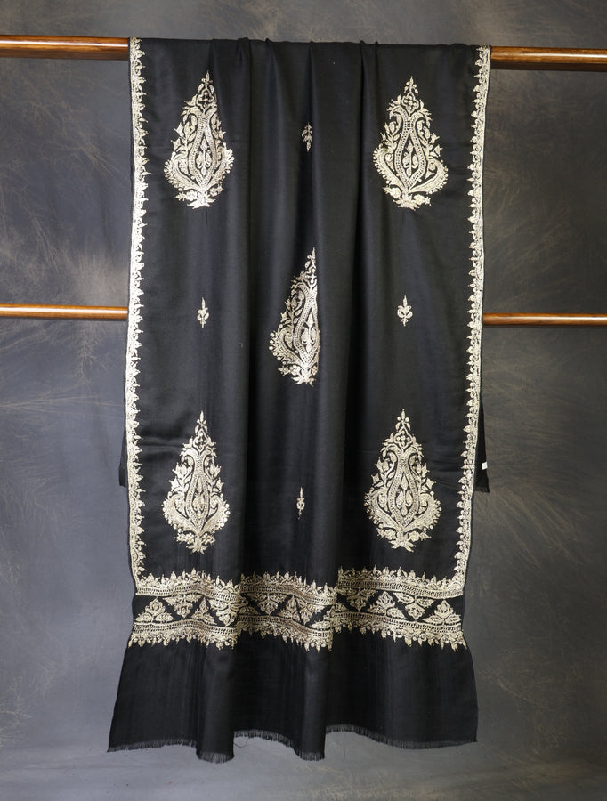 Black Base With Tilla Buteh Embroidery Pashmina Shawl