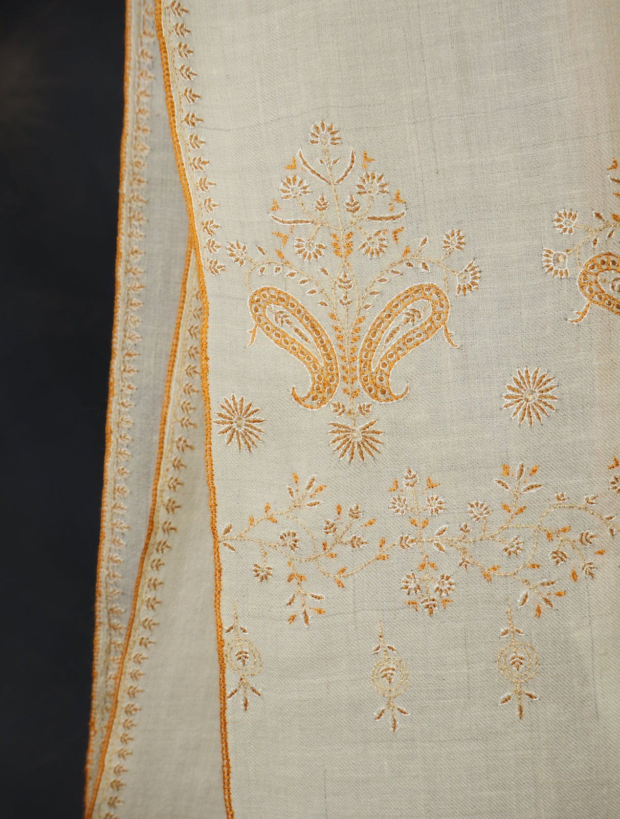 Ivory With Orange Big Buteh Motif Border Embroidery Cashmere Pashmina Scarf