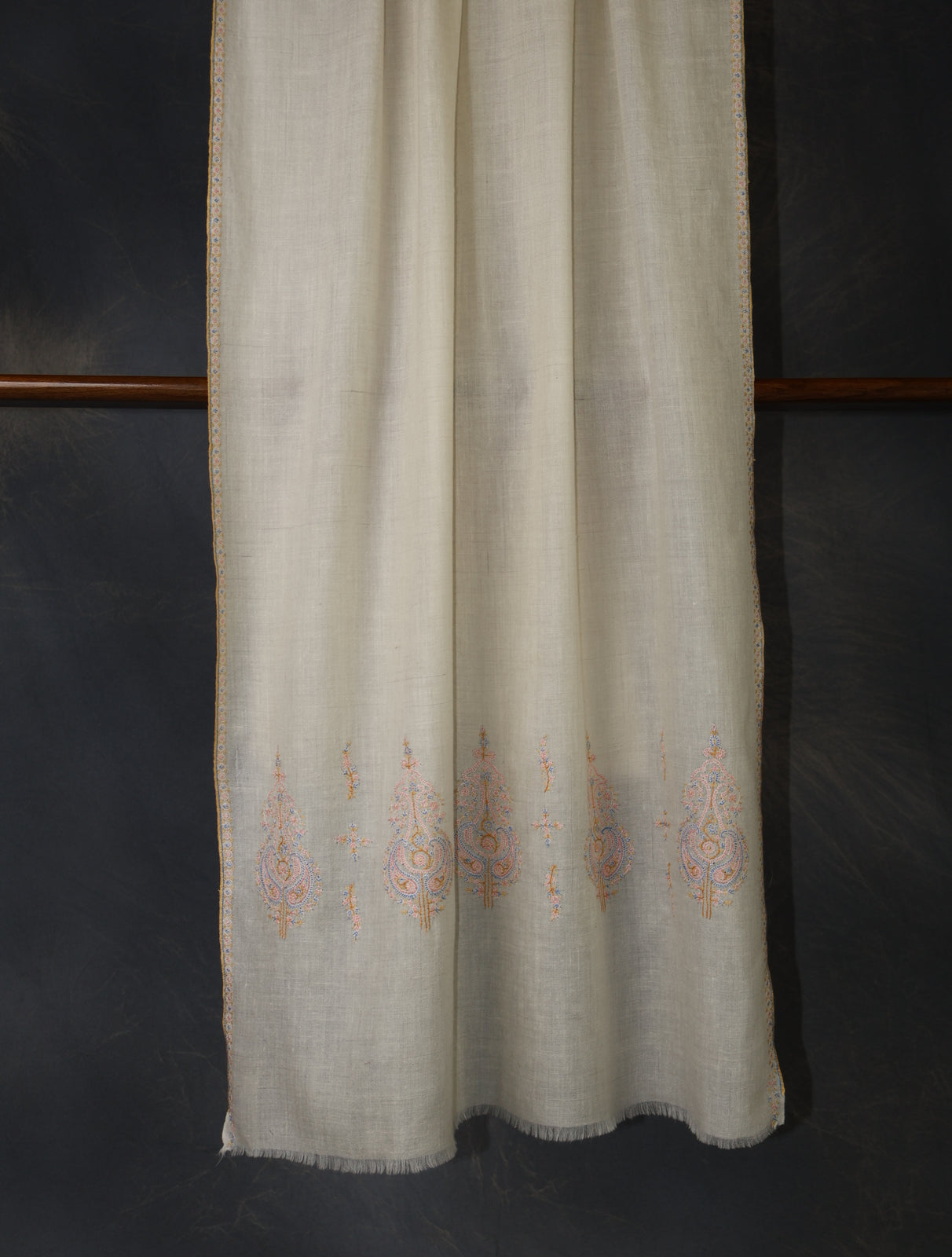 Ivory With Big Buteh Motif Border Embroidery Cashmere Pashmina Scarf