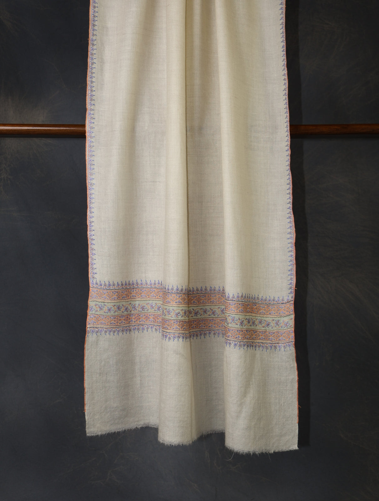 Ivory With Striped Motif Border Embroidery Cashmere Pashmina Scarf