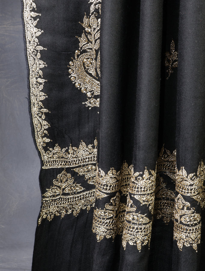 Black Base With Tilla Buteh Embroidery Pashmina Shawl