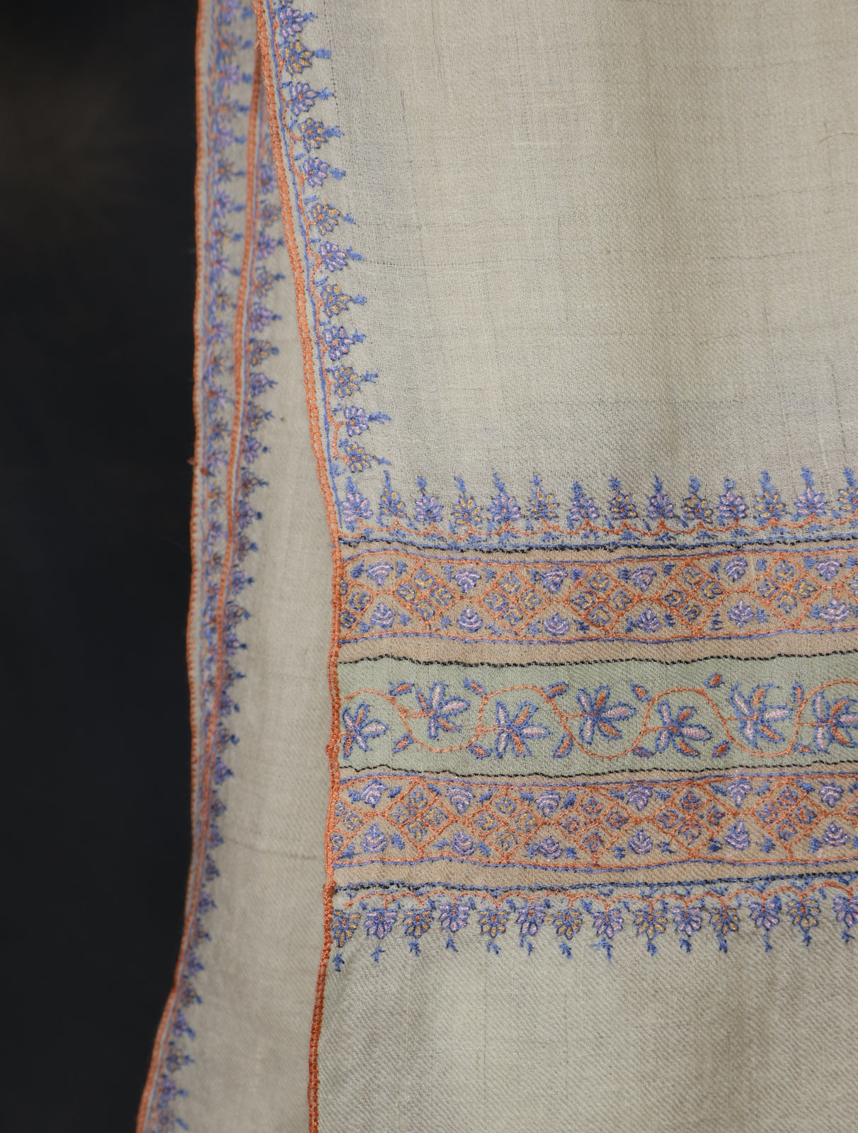 Ivory With Striped Motif Border Embroidery Cashmere Pashmina Scarf