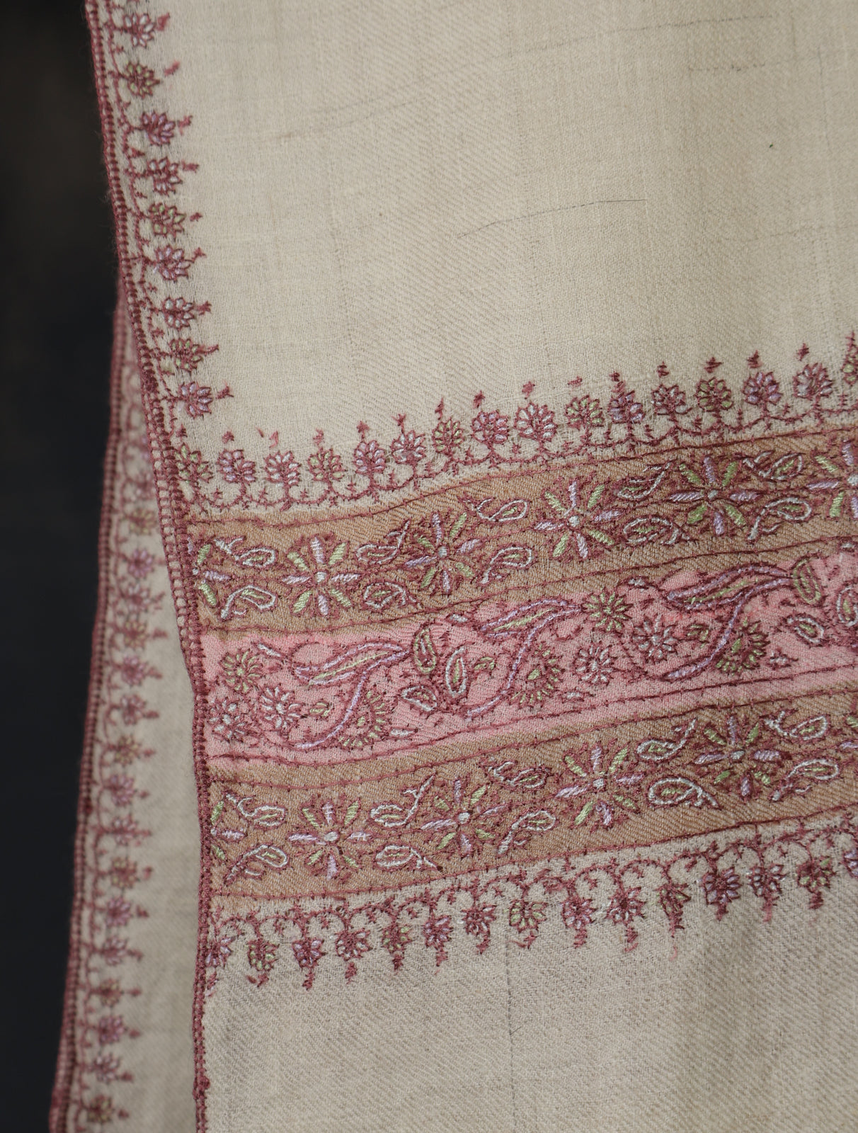 Ivory With Striped Motif Border Embroidery Cashmere Pashmina Scarf