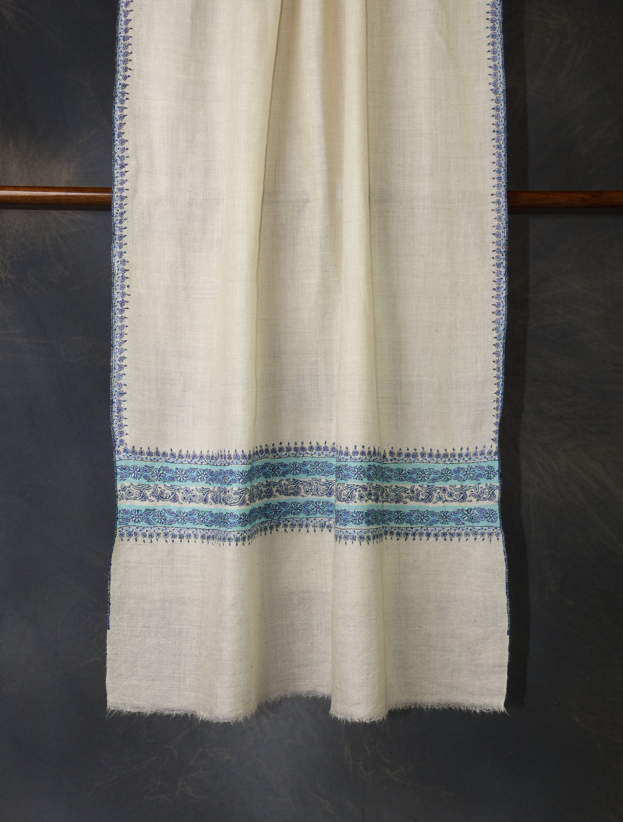Ivory With Blue Striped And Motif Border Embroidery Cashmere Pashmina Scarf