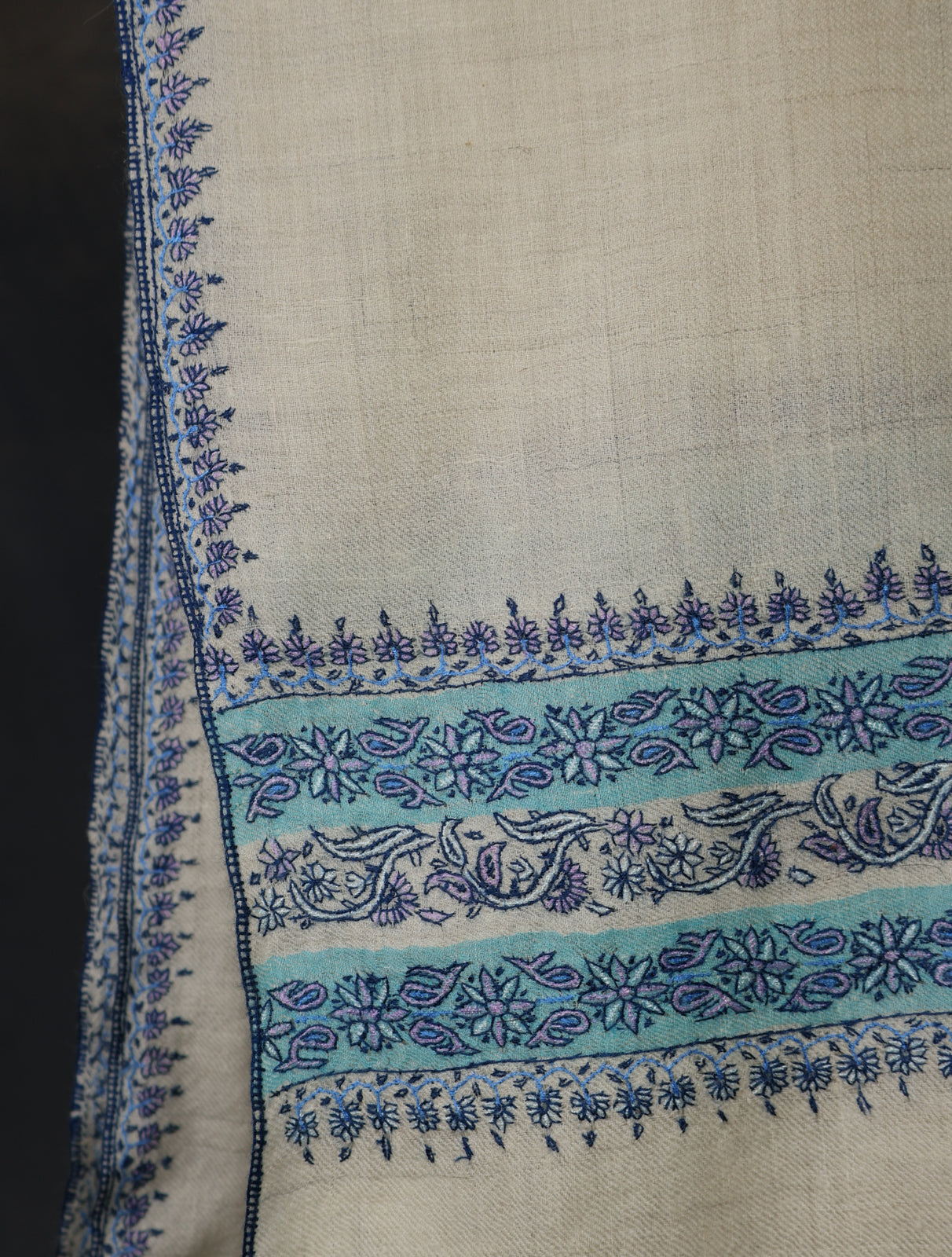 Ivory With Blue Striped And Motif Border Embroidery Cashmere Pashmina Scarf