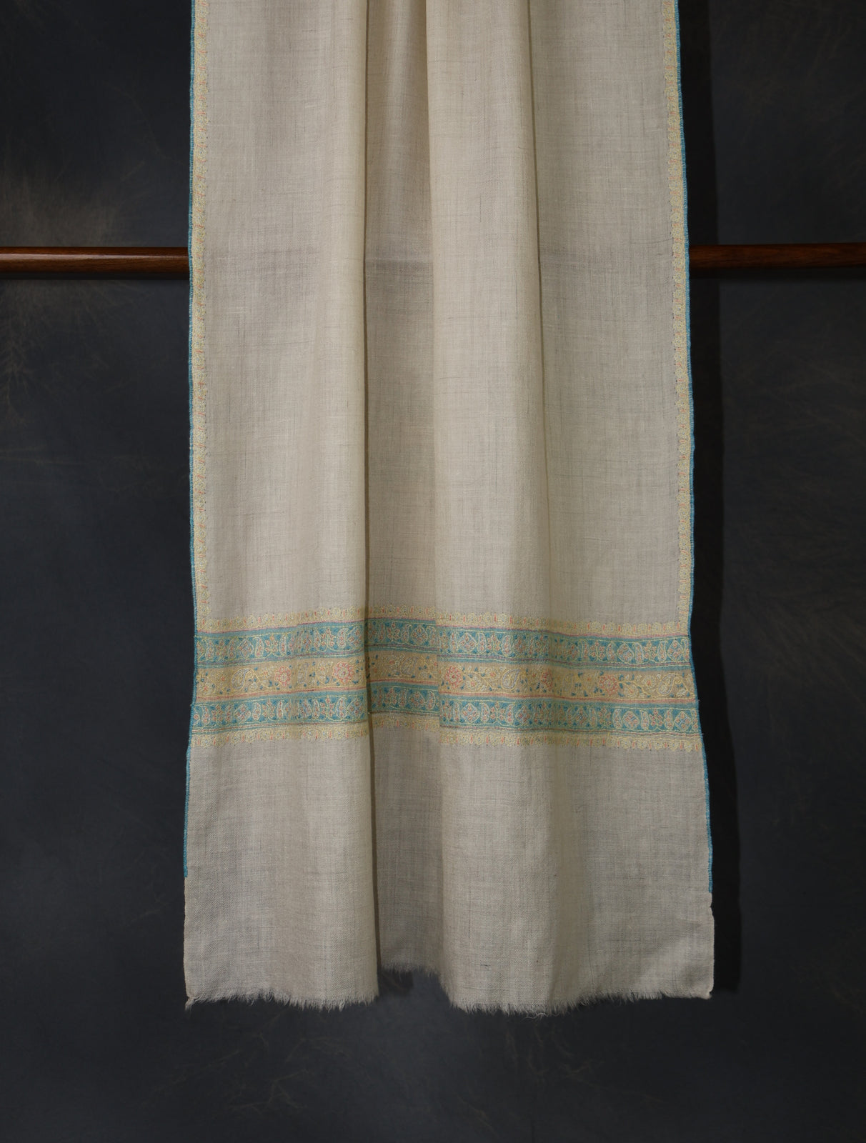 Ivory With Striped Motif Border Embroidery Cashmere Pashmina Scarf
