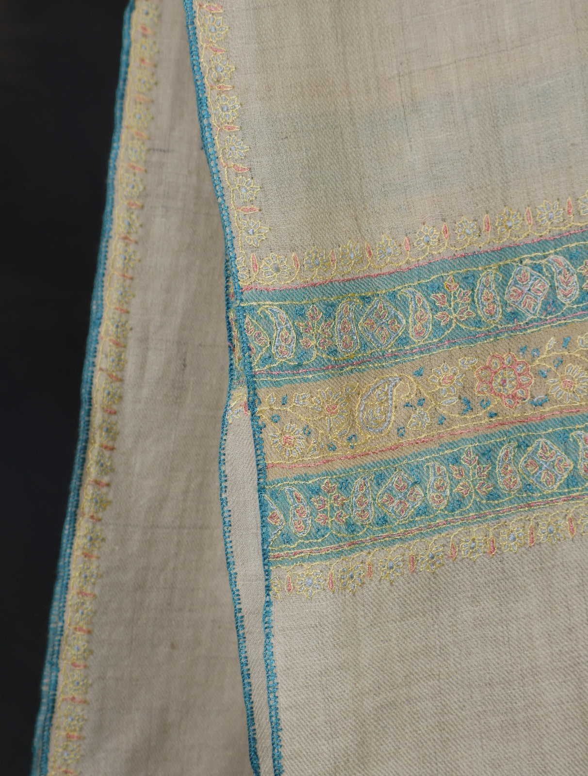 Ivory With Striped Motif Border Embroidery Cashmere Pashmina Scarf