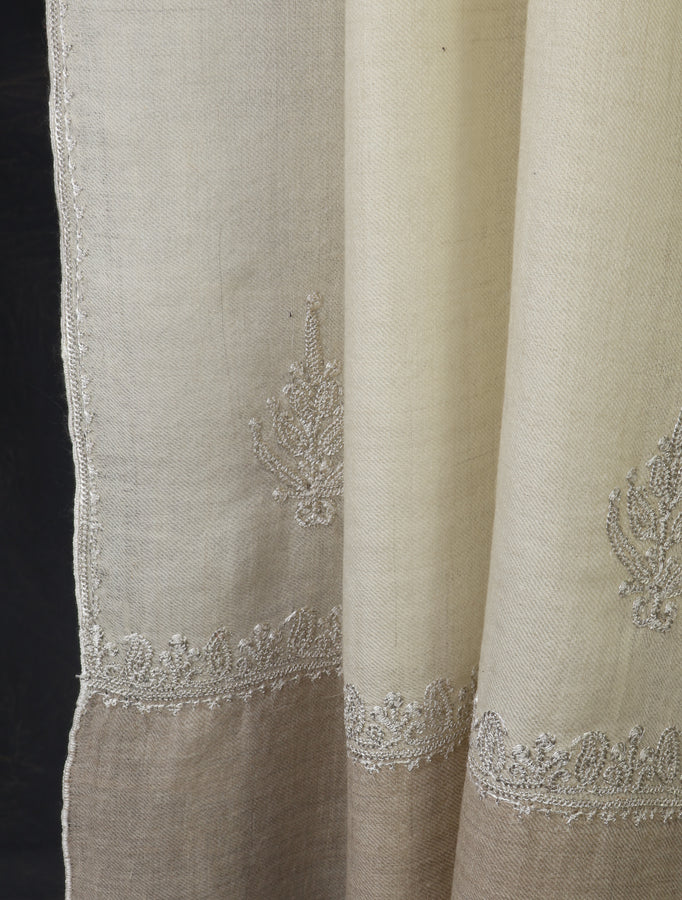 Ivory Base With Natural Border And Tilla Embroidery Pashmina Shawl