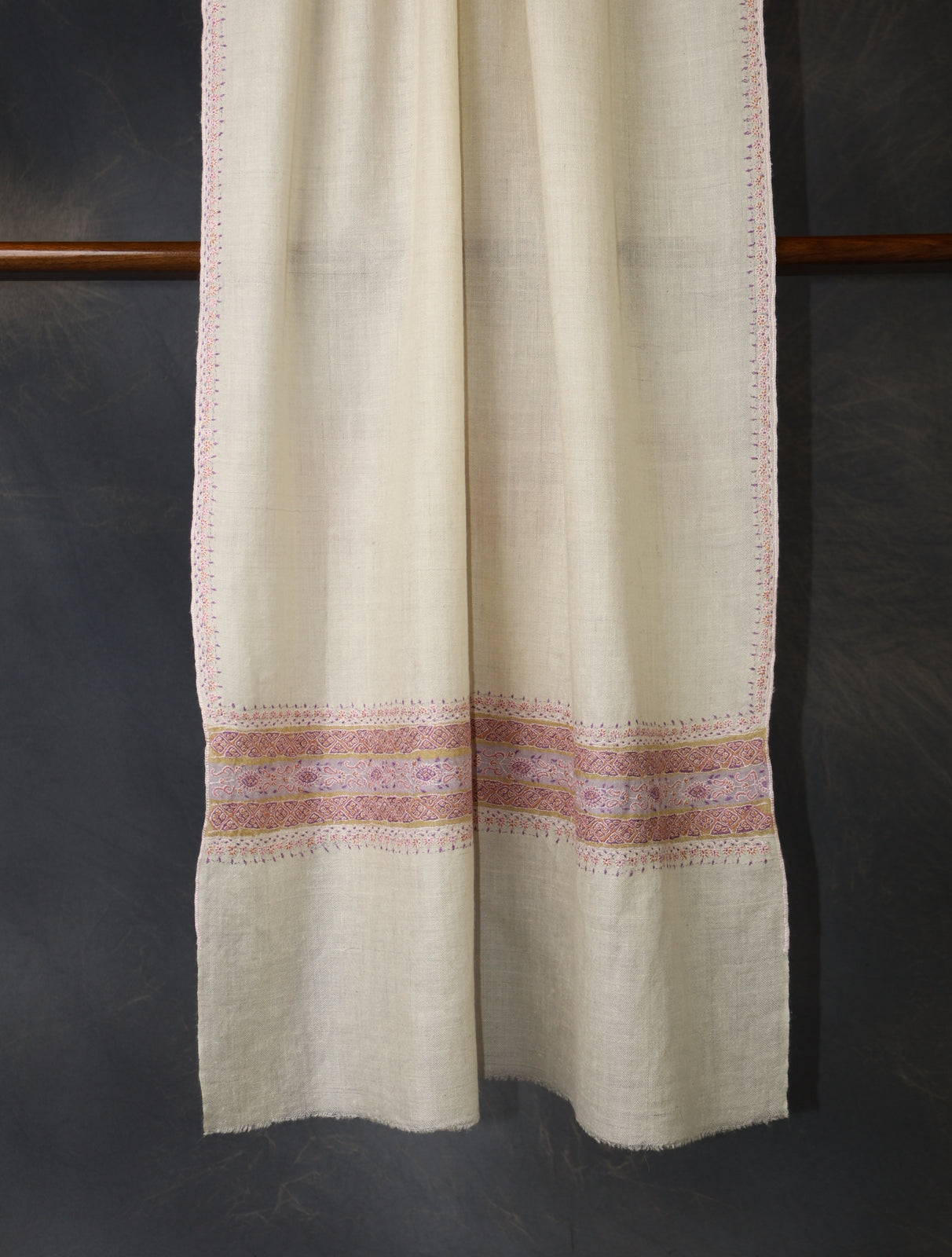 Ivory With Striped Motif Border Embroidery Cashmere Pashmina Scarf