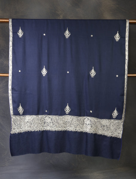 Blue Base With Tilla Buteh Embroidery Pashmina Shawl