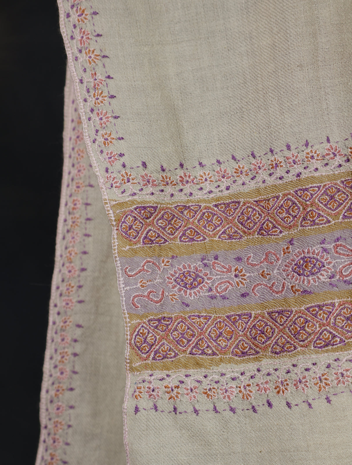 Ivory With Striped Motif Border Embroidery Cashmere Pashmina Scarf