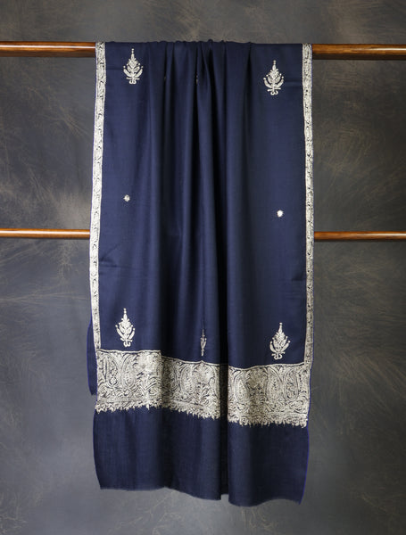 Blue Base With Tilla Buteh Embroidery Pashmina Shawl