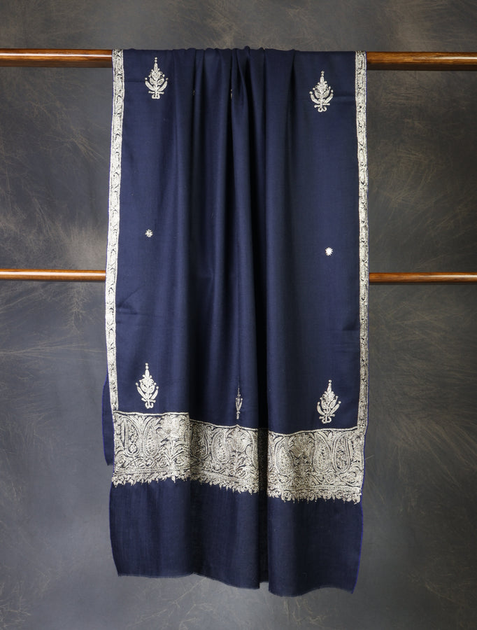 Blue Base With Tilla Buteh Embroidery Pashmina Shawl