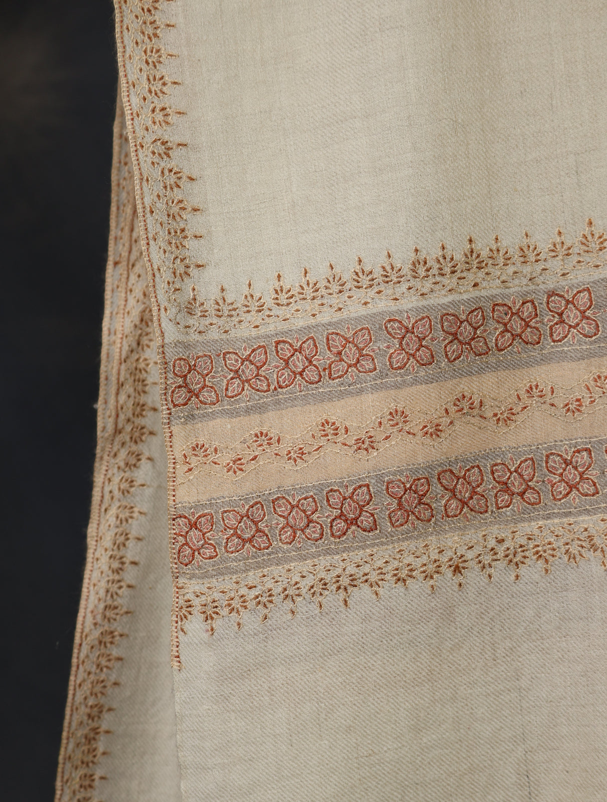 Ivory With Cream Striped And Motif Border Embroidery Cashmere Pashmina Scarf