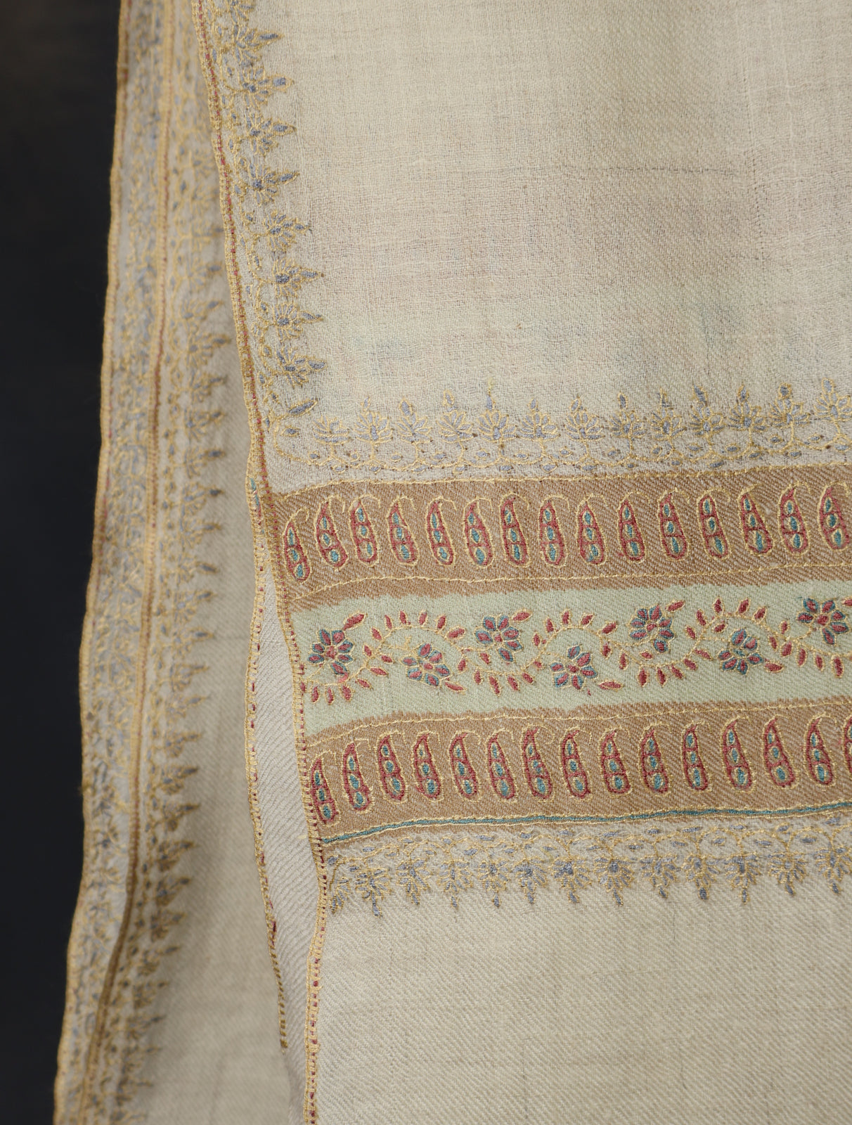 Ivory With Striped Motif Border Embroidery Cashmere Pashmina Scarf