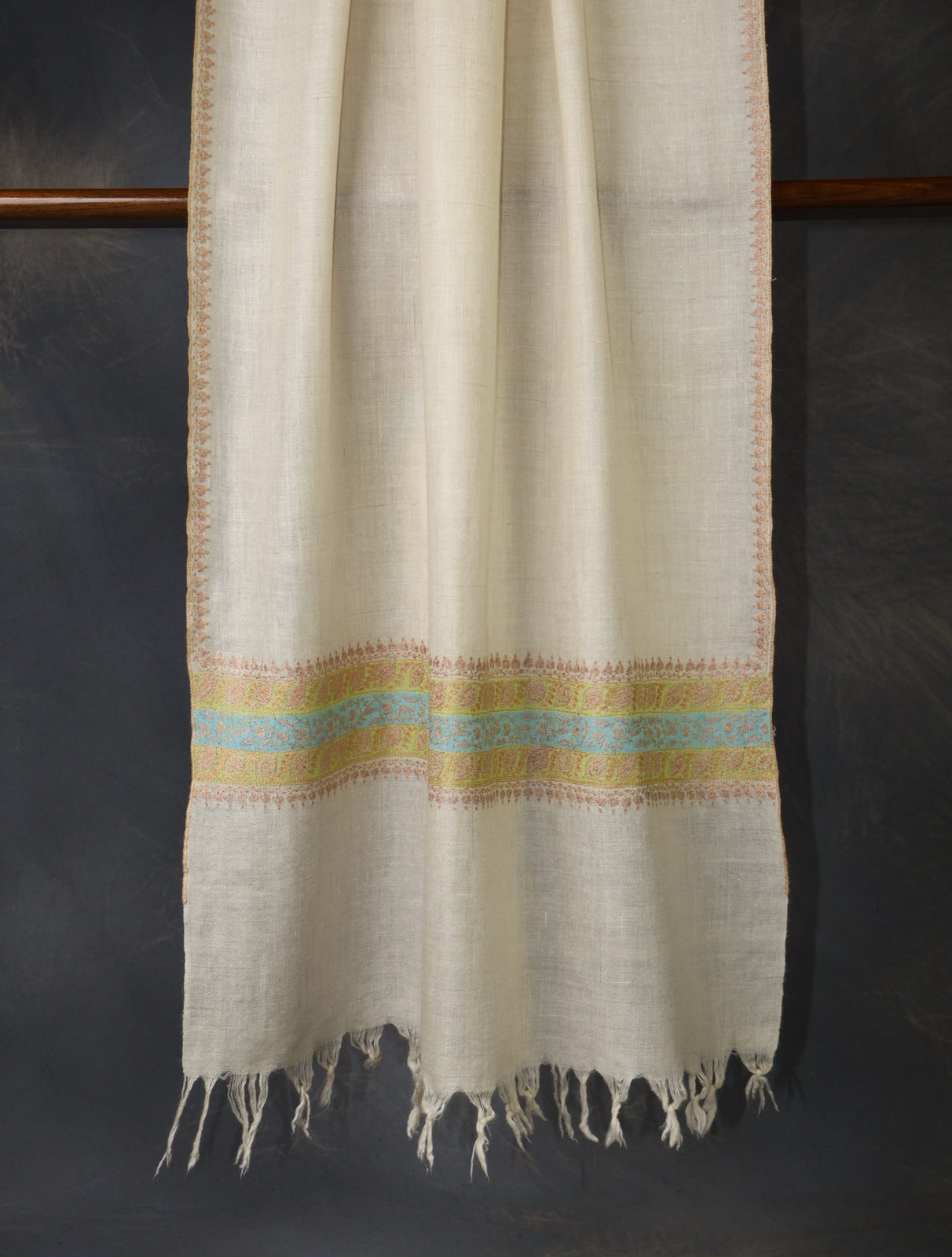 Ivory With Striped Motif Border Embroidery Cashmere Pashmina Scarf