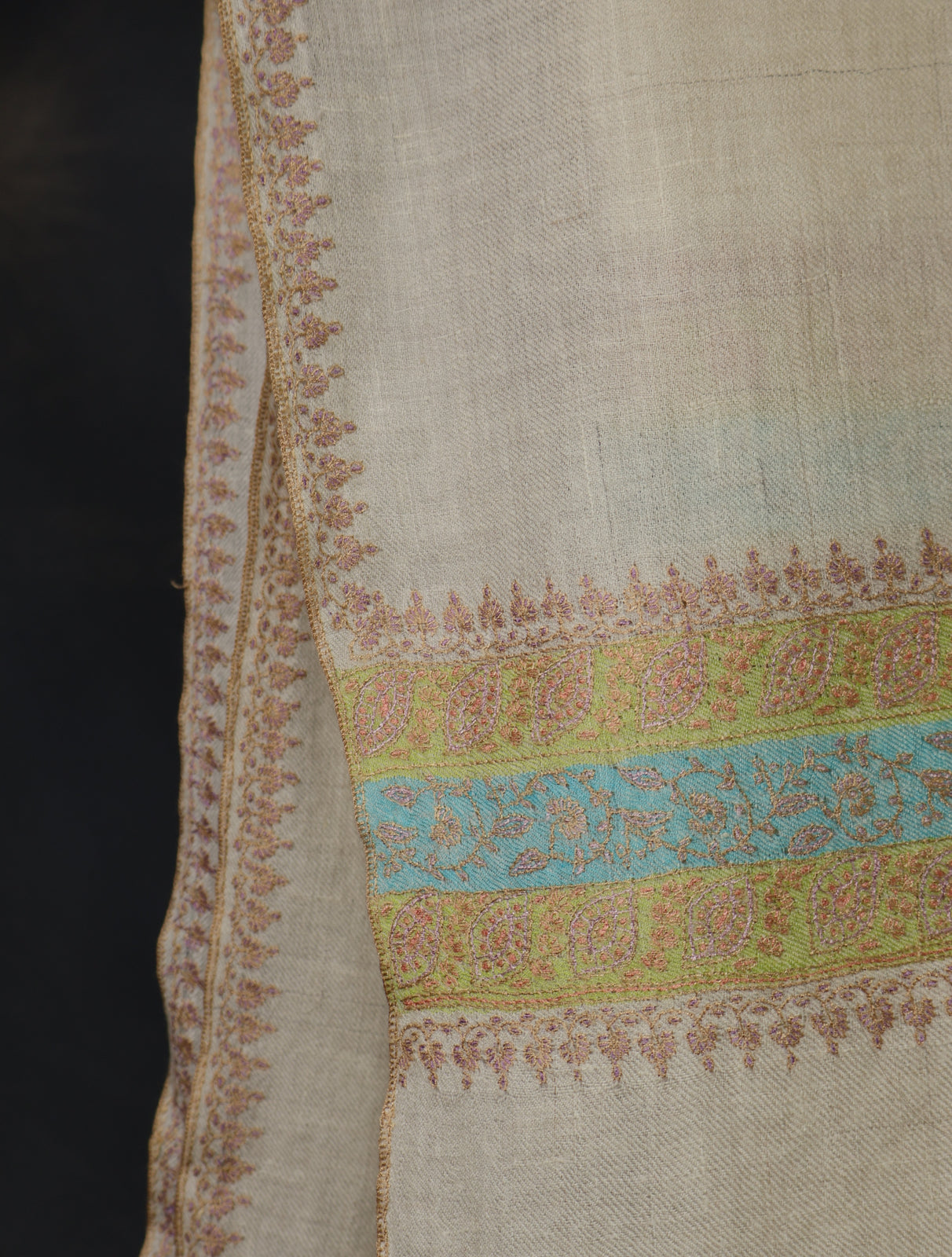 Ivory With Striped Motif Border Embroidery Cashmere Pashmina Scarf