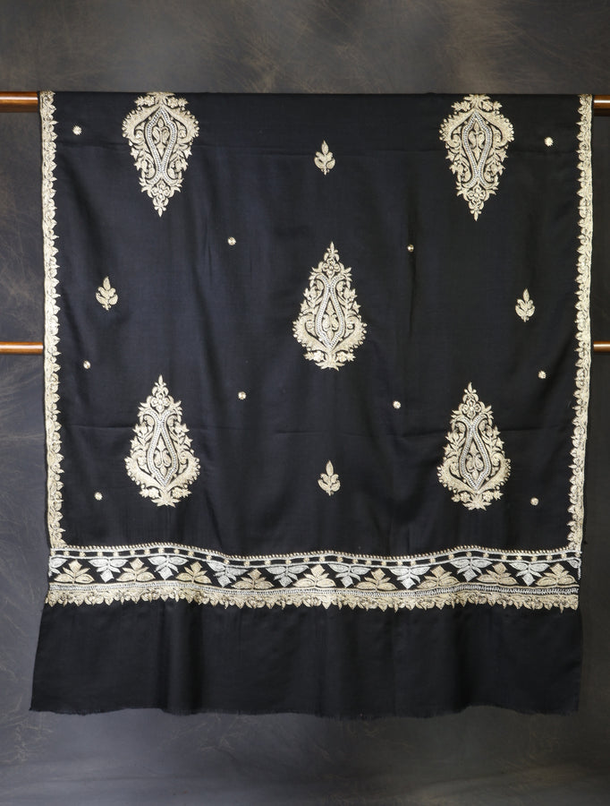 Black Base With Tilla Buteh Embroidery Pashmina Shawl