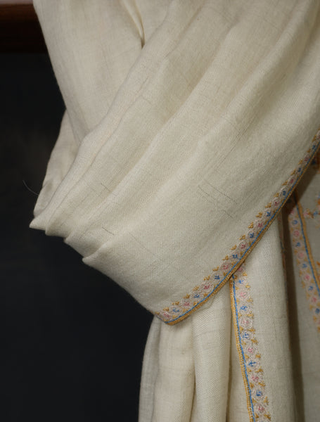Ivory With Big Buteh Motif Border Embroidery Cashmere Pashmina Scarf