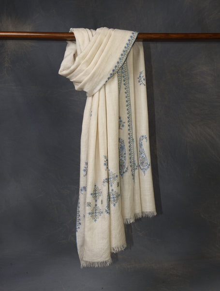 Ivory With Buteh Border Embroidery Cashmere Pashmina Scarf