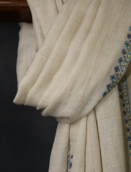 Ivory With Buteh Border Embroidery Cashmere Pashmina Scarf