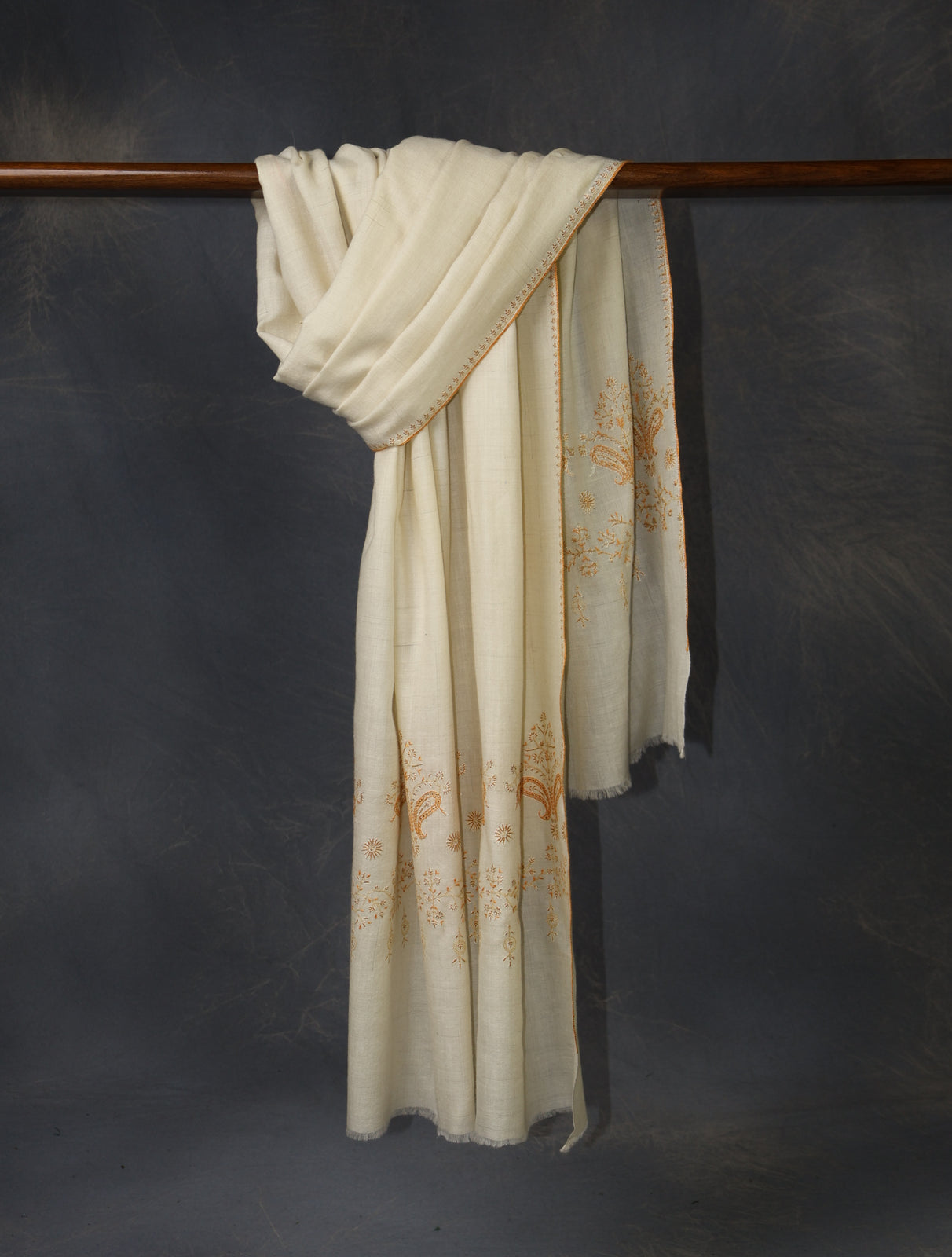 Ivory With Orange Big Buteh Motif Border Embroidery Cashmere Pashmina Scarf