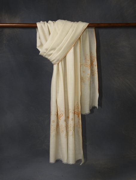Ivory With Orange Big Buteh Motif Border Embroidery Cashmere Pashmina Scarf
