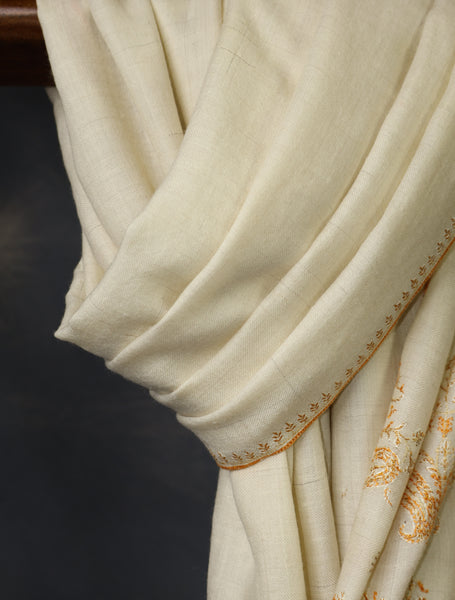 Ivory With Orange Big Buteh Motif Border Embroidery Cashmere Pashmina Scarf